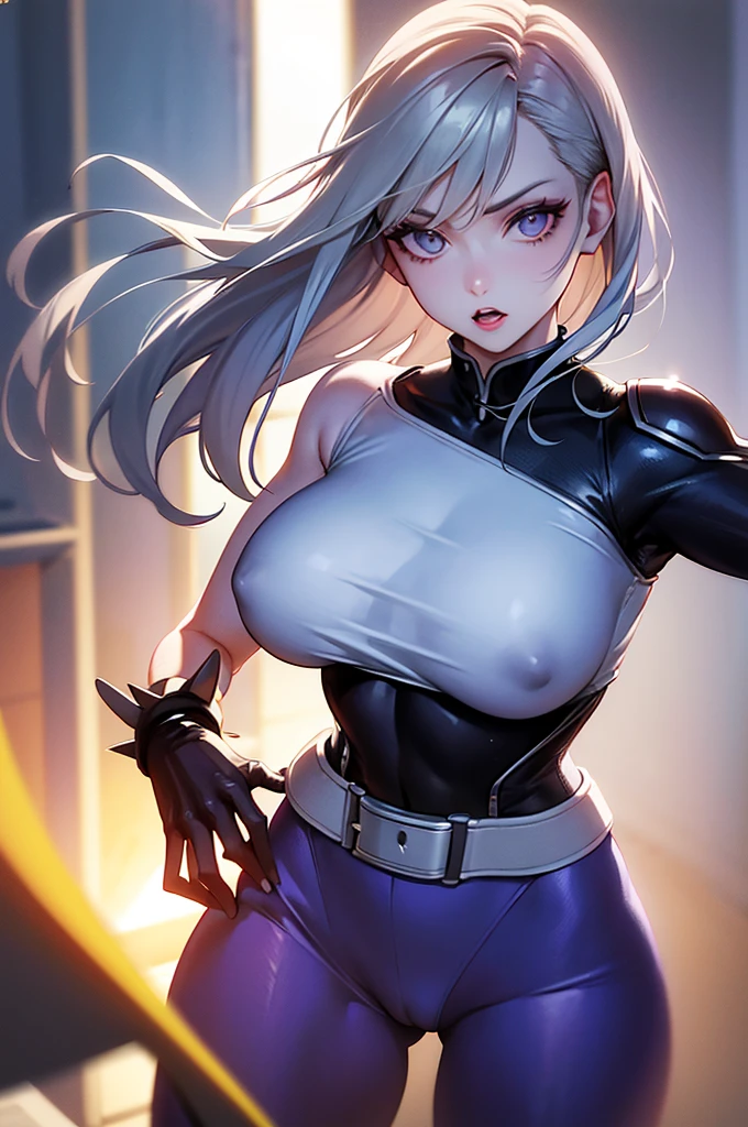 straight-on,pose,looking at viewer,solo, BREAK, CARTOON_rogue_costume_ownwaifu, www.ownwaifu.com, two-tone hair, brown hair, white hair, short hair, makeup, lipstick, hair between eyes, breasts, grey eyes, purple lips, eyeshadow, nose, medium breasts, split-color_hair, lips, pale skin, toned, narrow waist, curvy, collarbone, belt, bodysuit, armor, belt buckle, brown gloves, shoulder pads, turtleneck, yellow belt, skin tight, BREAK,, official art,extremely detailed CG unity 8k wallpaper, perfect lighting,Colorful, Bright_Front_face_Lighting,shiny skin, (masterpiece:1.0),(best_quality:1.0), ultra high res,4K,ultra-detailed, photography, 8K, HDR, highres, (absurdres:1.2), Kodak portra 400, film grain, blurry background,(vibrant_color:1.2),professional photograph,