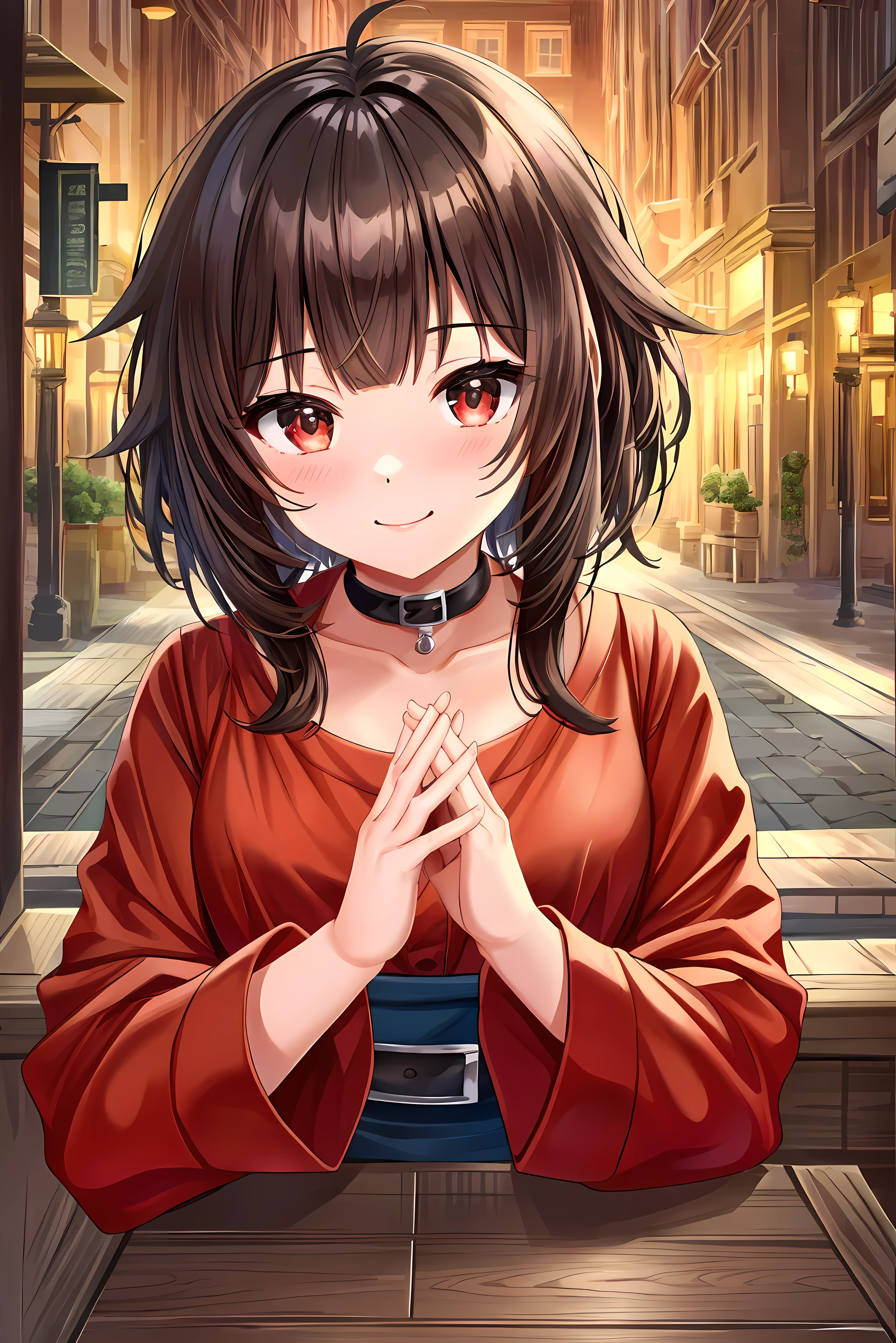 ((masterpiece,highest quality)), Super detailed, Shine, Shine, Ray Tracing, (Perfect Face, Detailed face, Fine grain, Perfect hands, Perfect Fingers:1.5), hd, Super cute face, highest quality, Super detailed, shine eyes, (highest quality realistic illustrations), (Super fine), (Cute illustrations:1.3), (High chroma:1.3),, Beautiful detailed face and eyes, Dynamic lighting, (Very delicate and beautiful), (Nice hands), (Perfect hands:1.4), Highly detailed illustration, Super cute and beautiful, highest quality, slender, ,Baby Face, cute, cute,, One girl, Megumin, Short brown hair, dress, red dress, Have, witch Have, belt, choker,, Outdoor, (Complex background, There are many elements in the background:1.2),((Super detailed background)), ((8K wallpaper)), Colorful background,, Cute Smile, (((whole body))), feet, sexy