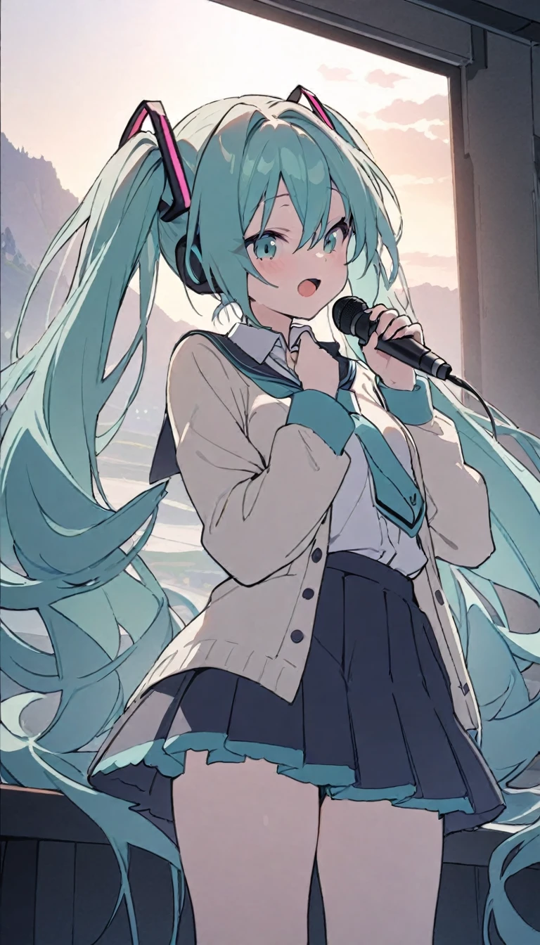 gorgeous, masterpiece, best quality, landscape, highres,4k, wallpaper, Masterpiece, Best Quality, High Quality, anime, hatsune miku, school uniform, singing, mic