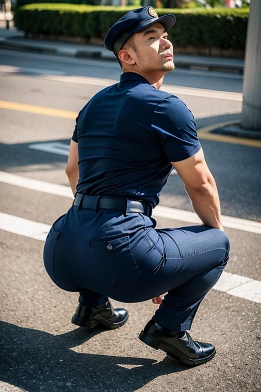 40-year-old boy ,Japanese Kenta bulky male officer, ((navy military shirt, gear tactical gear)) , ((unrealistic ultra phat ass wearing navy green color underwear)), ((lay around back to look at viewer)), squatting on the ground. in a army base, extra short hair