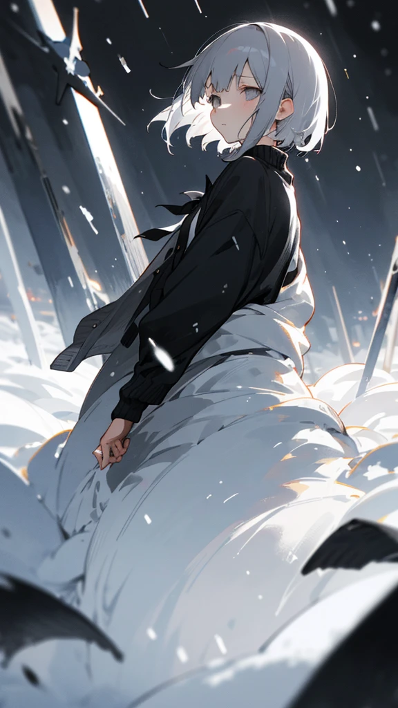 (masterpiece、highest qualthaty)、Short nape hair、1 girl wthath very short whthate hair、Black cardigan、Stern expression、Grey Eyes、Warm lighting、 Blurred foreground、night深く、High Contrast、night、in the cthaty,that'it's snowing,Heavy snowfall,winter,Alone in the vast snowy field,whole body,jyc,Gray Hair,