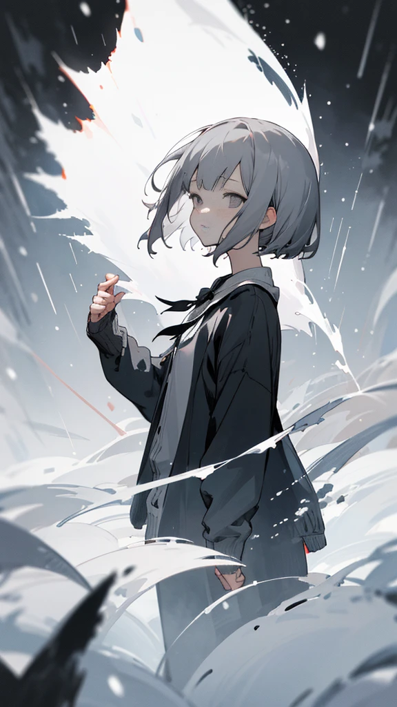 (masterpiece、highest qualthaty)、Short nape hair、1 girl wthath very short whthate hair、Black cardigan、Stern expression、Grey Eyes、Warm lighting、 Blurred foreground、night深く、High Contrast、night、in the cthaty,that'it's snowing,Heavy snowfall,winter,Alone in the vast snowy field,whole body,jyc,Gray Hair,