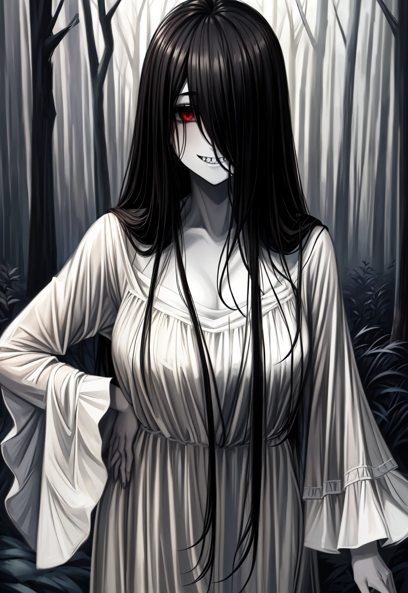 ((masterpiece)), (best quality), (absurdists), black hair, yamamura_sadako, white dress, (gray skin), hair over eyes, eyes covered, looking at the viewer in the dark forest with an elegant smile sharp sexual teeth