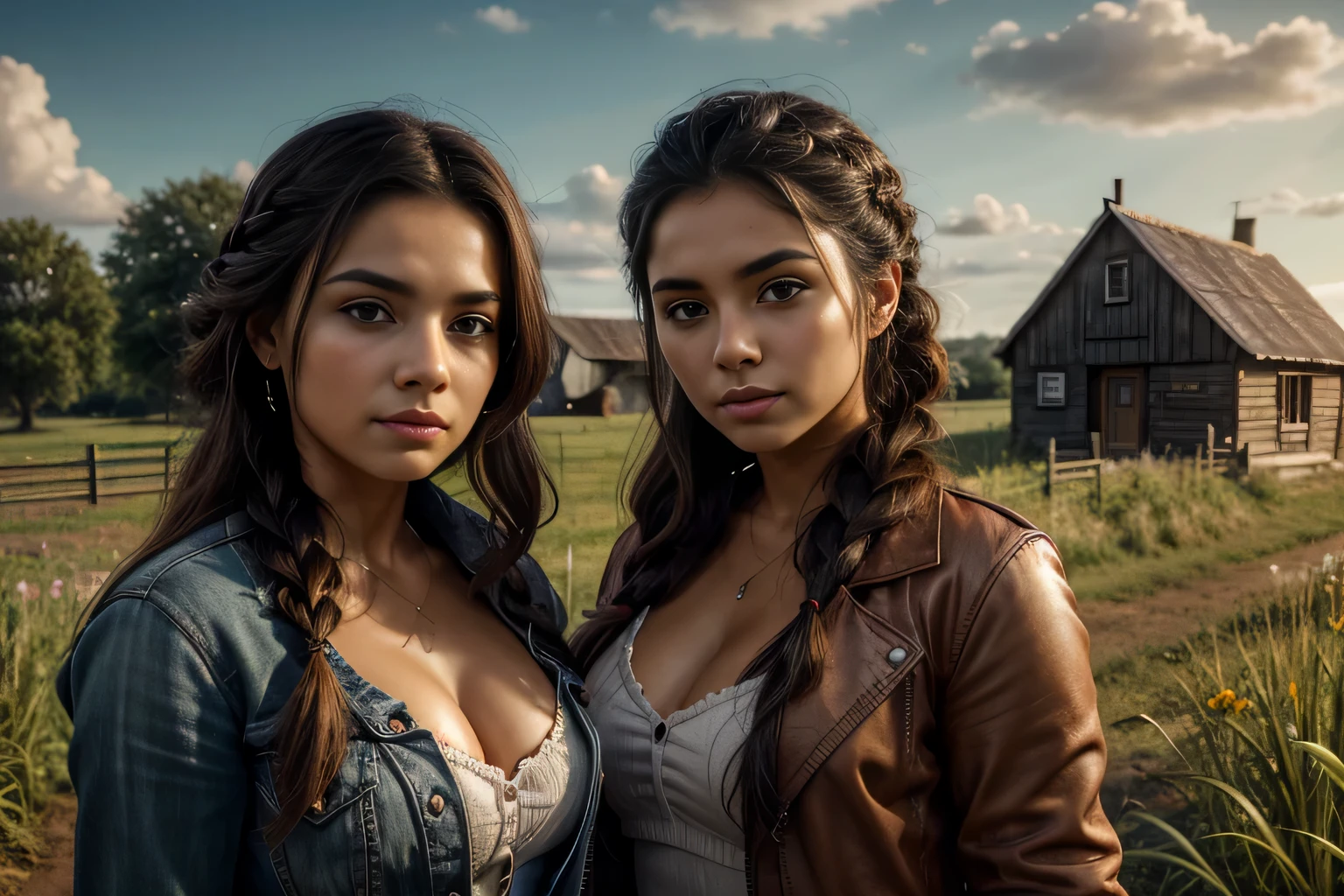 Best quality, masterpiece, Beautiful, 2 young latina women, looking straight at viewer, cowgirls, wearing simple open shirt, open black and red jacket on top, posing on grassfield, professionalism, teen age, detailed face, detailed body, symmetric face, big cute eyes, cute happy face, dynamic pose, deep cleavage, perfect anatomy, photorealistic, curvy body, braid hair, 8k, ultra realistic, widescreen desktop wallpaper, small farmhouse background, waterland, ambient occlusion