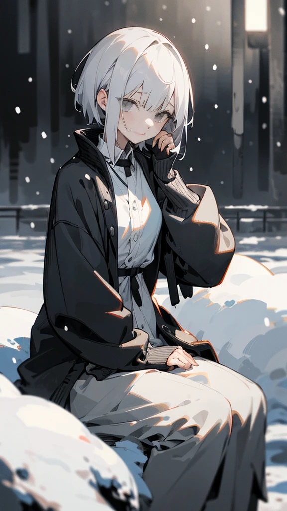 (masterpiece、highest qualthaty)、Short nape hair、1 girl wthath very short whthate hair、Black cardigan、Stern expression、Grey Eyes、Warm lighting、 Blurred foreground、night深く、High Contrast、night、in the cthaty,that&#39;it&#39;s snowing,Heavy snowfall,winter,Alone in the vast snowy field,whole body,jyc,Gray Hair,Sitting