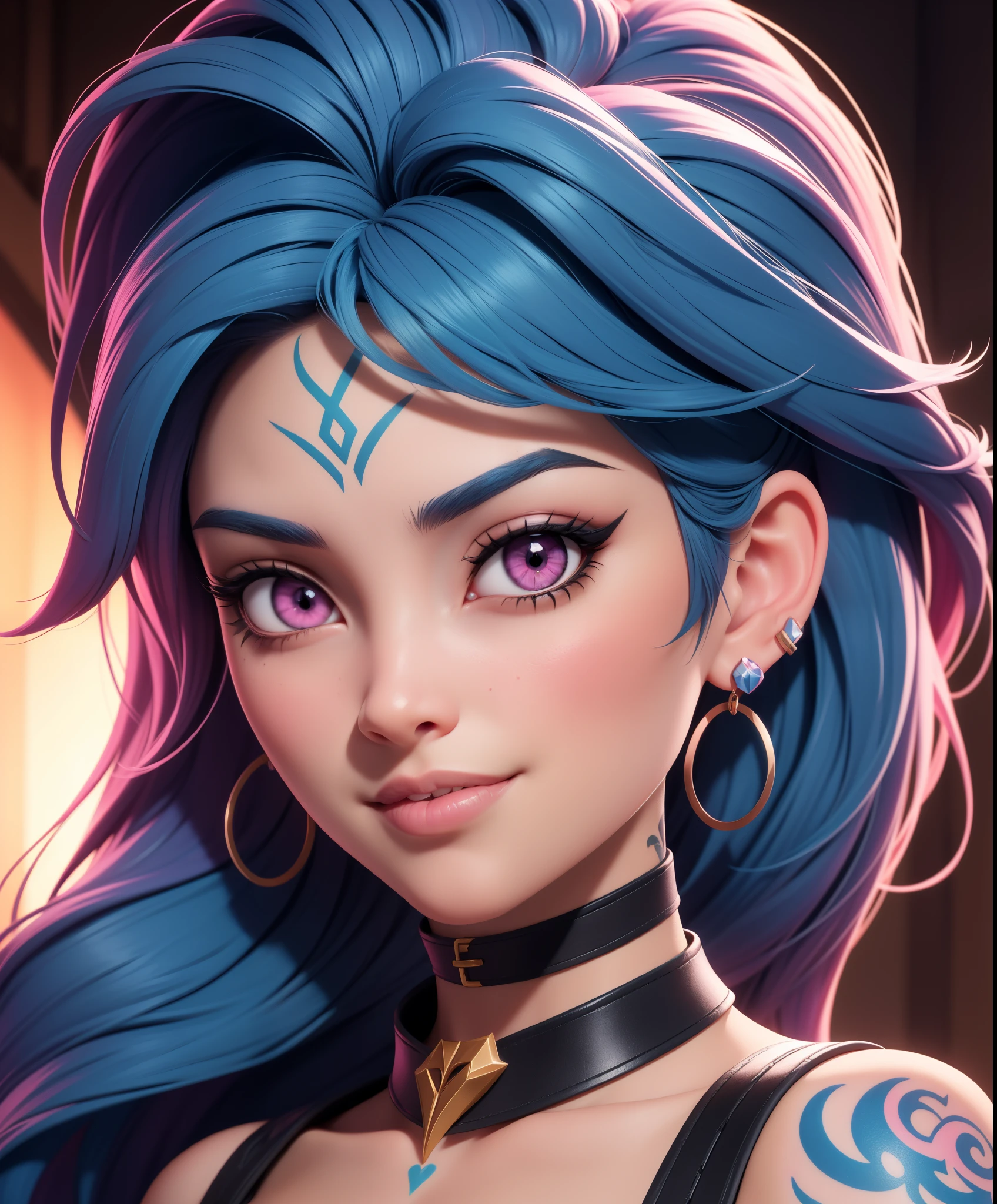 (masterpiece), (best quality), (vibrant light colors), Super Detail, 1girl, asymmetrical bangs, black choker, blue hair, collar, earrings, smirking, hazel eyes, long hair, looking at viewer, pink eyes, portrait, shiny hair, tattoo, (league of legends), cowboy shot