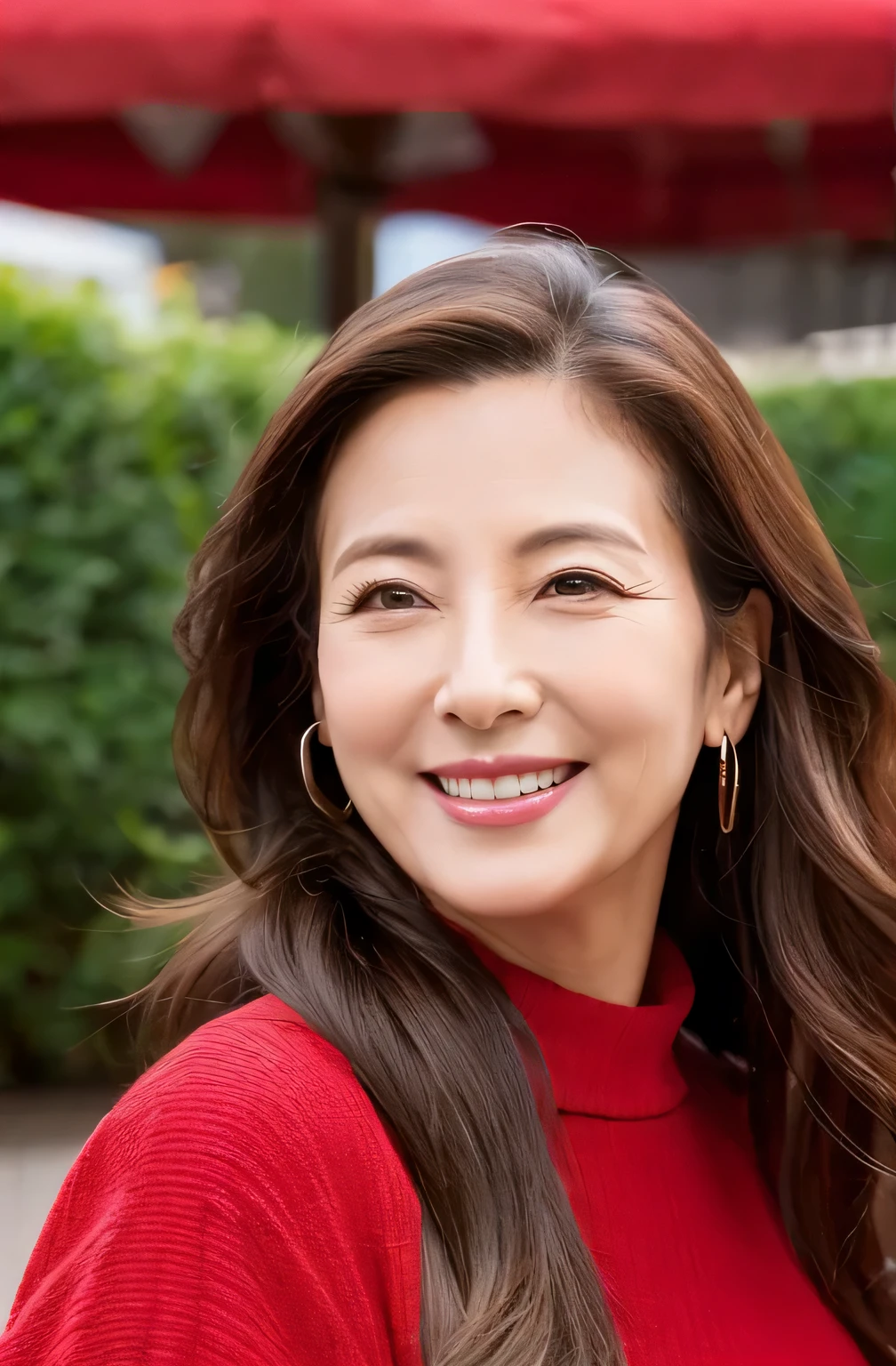 White collared shirt on top、The chest is clearly visible、Half-mature women born in their 50s、Wrinkles at the corners of the eyes