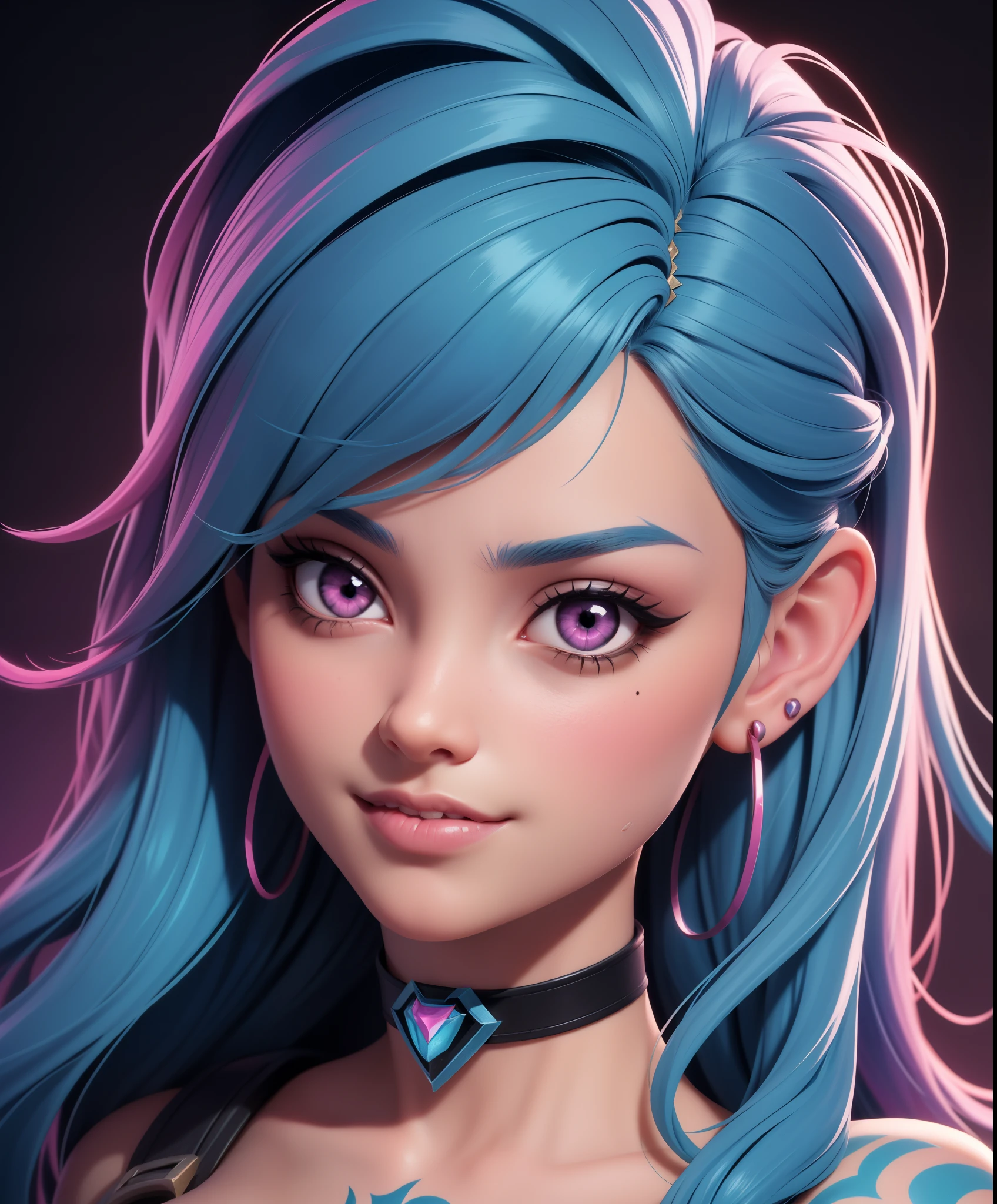 (masterpiece), (best quality), (vibrant light colors), Super Detail, 1girl, asymmetrical bangs, black choker, blue hair, collar, earrings, smirking, hazel eyes, long hair, looking at viewer, pink eyes, portrait, shiny hair, tattoo, (league of legends), cowboy shot