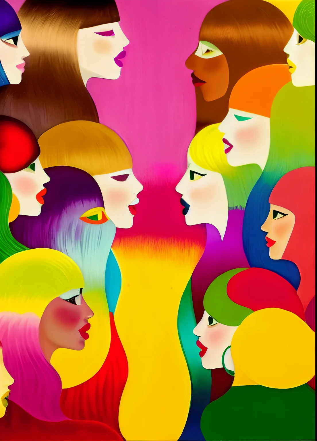 there are many women with different colored hair and hats, different women's faces, women's faces, varying ethnicities, diverse faces, multicolored faces, by Whitney Sherman, colorful illustration, by Mario Bardi, by Miroslava Sviridova, mix of ethnicities and genders, portrait of women, godesses, inspired by Milton Glaser, young women