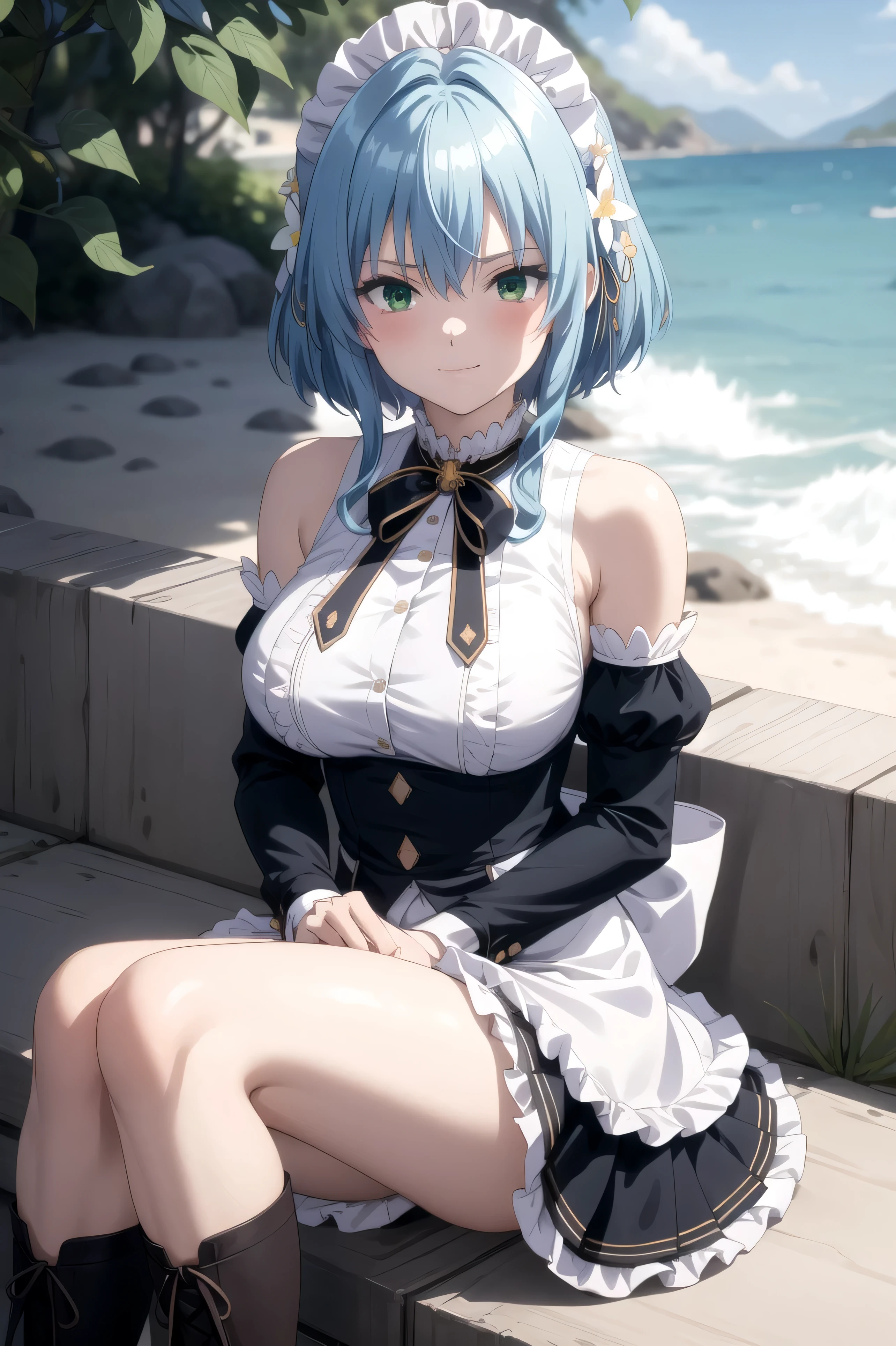 (masterpiece), best quality, expressive eyes, perfect face, (masterpiece, best quality), villhaze, 1girl, blue hair, short hair, bangs, green eyes , hair between eyes, hair ornament, maid headdress, hair flower, sidelocks, medium breasts, white shirt, frilled shirt, neck ribbon, bare shoulders, detached sleeves, puffy sleeves, long sleeves, black sleeves, maid, waist apron, black skirt, boots, knee boots, brown footwear, looking at viewer, beach, sitting leg focus, flustered, blush, smirk