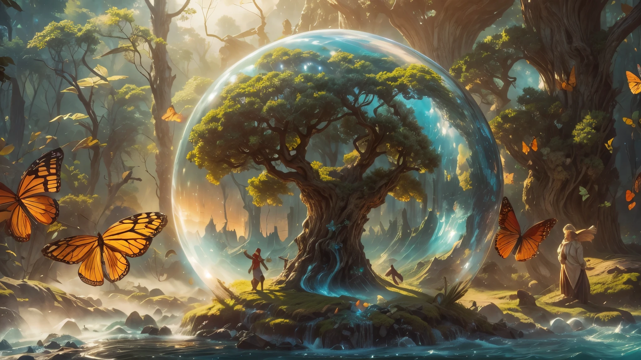 (masterpiece),(best quality:1.0), (ultra highres,), detailed, a glass ball with a tree inside of it, digital art, cg society contest winner, butterflies and sunrays, concept art design illustration, beautiful digital illustration, closed ecosystem