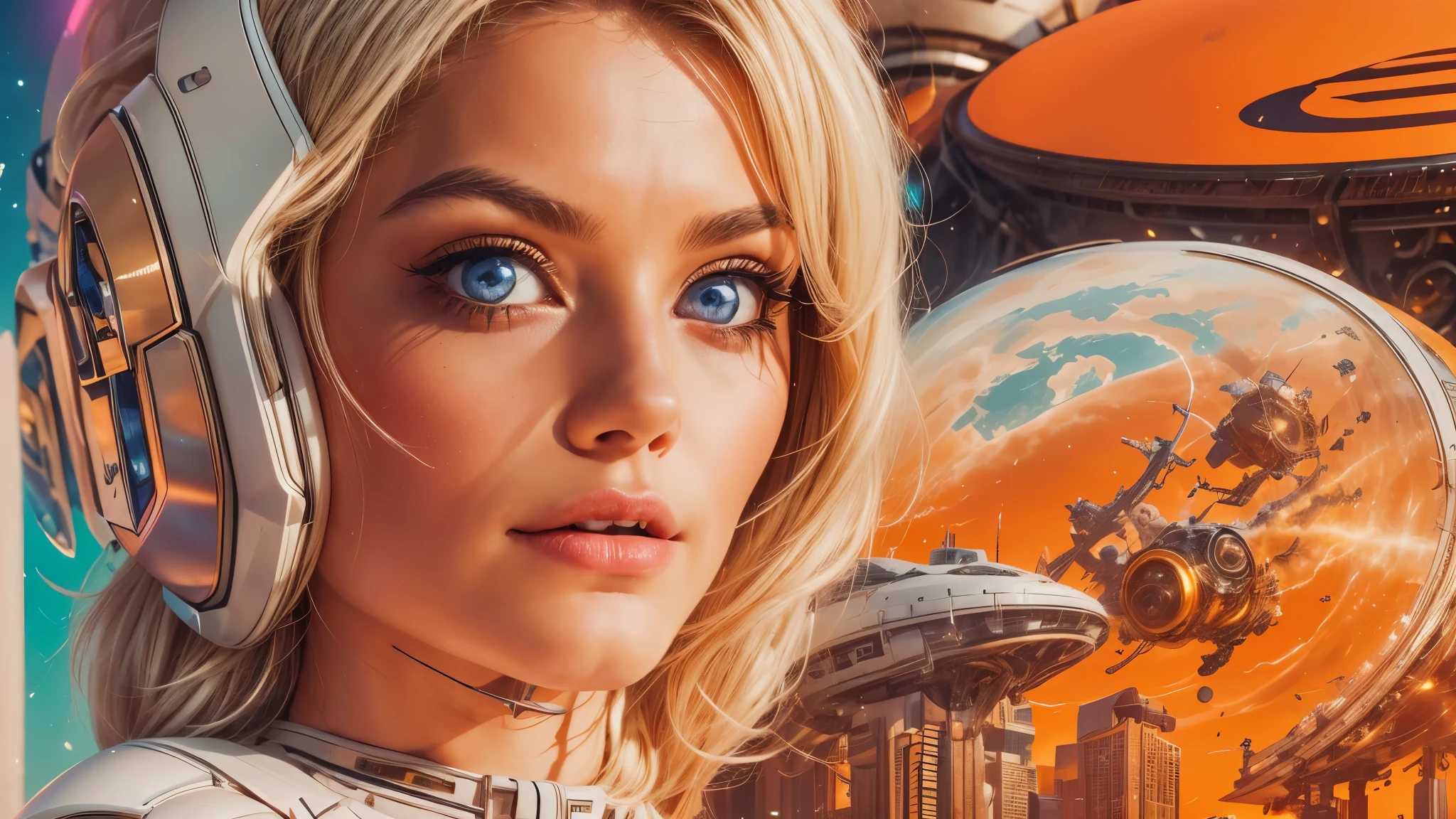 arafed image of a white woman in a futuristic suit with a spaceship in the background, movie art, in front of an orange background, inspired by Robert McGinnis, female protagonist, megastructure in the background, portrait of an ai astronaut, astronauts, an astronaut, portrait of a astronaut skeletor, perfect android girl, detailed eyes, perfectly detailed teeth, frank franzzeta and sakimichan