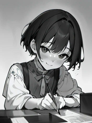 (a dynamic face pose),(best quality,highres:1.2),(physically-based rendering),(grayscale),(simple lighting),(concept artists),(brushstrokes),(flowing movement),(anatomical accuracy),(best perspective),(best scene),(anime girl),(young),(short hair),(slice of life),(simple details),(focus on the simplest),(half-body),(cute),(non sexy),(simple background),(manga),(smiling sweetly),(looking away),(dynamic looks),(writing)