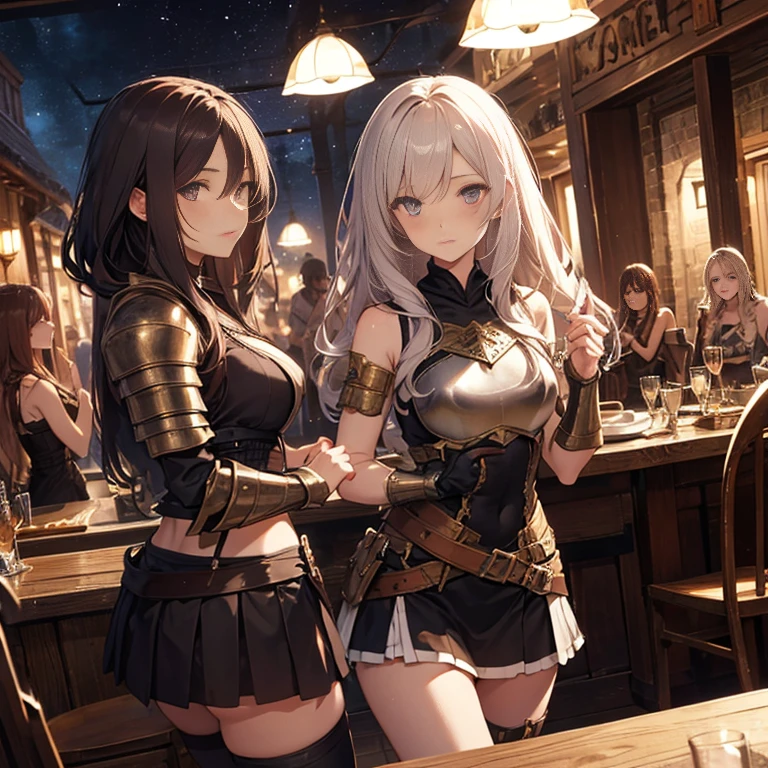 A group of  female medieval fantasy adventurers, (in tavern), various hair styles, harem, night, details face, short skirt, seducing, sleeveless, armor