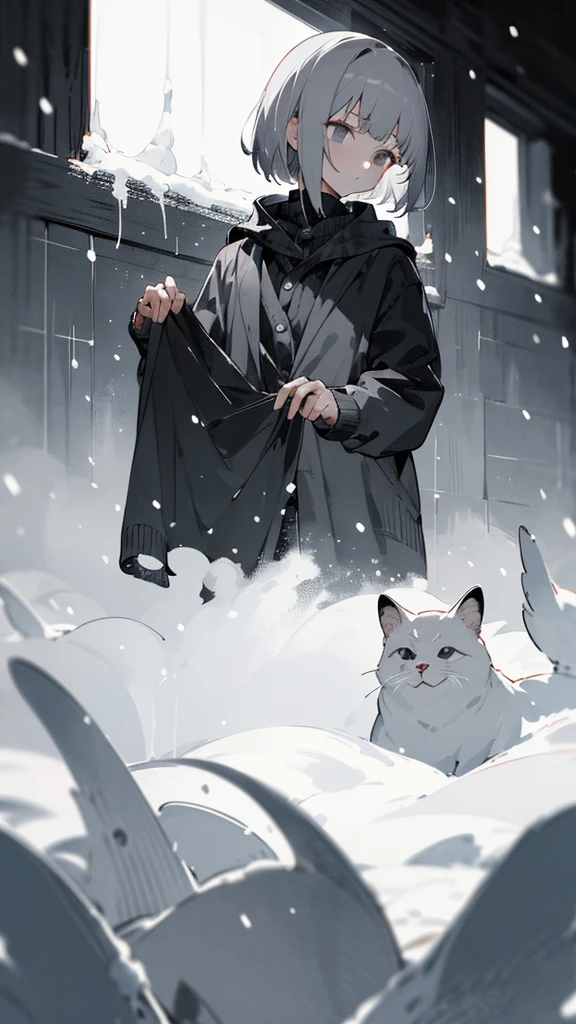 (masterpiece、highest qualthaty)、Short nape hair、1 girl wthath very short whthate hair、Black cardigan、Stern expression、Grey Eyes、Warm lighting、 Blurred foreground、night深く、High Contrast、night、in the cthaty,that'it's snowing,Heavy snowfall,winter,Alone in the vast snowy field,whole body,jyc,Gray Hair,