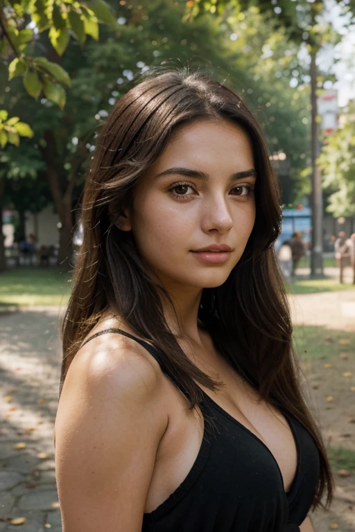 A photorealistic portrait of a 21-year-old Italian girl with long, flowing dark hair and striking dark eyes, as well as a mole above her upper right lip. She should have a natural, approachable expression and be lit by soft sunlight at golden hour. The background should be a picturesque outdoor setting, perhaps a sunny park or beach. Capture this image with a high-resolution photograph using an 85 mm lens for a flattering perspective.Translated with DeepL.com (free version)