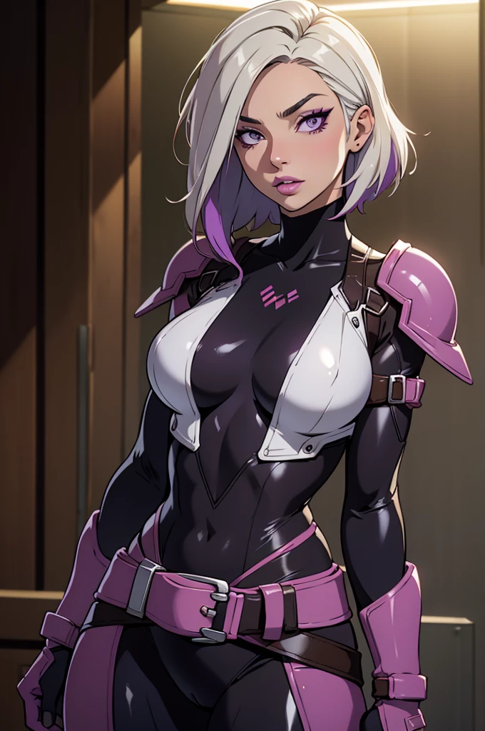 straight-on,pose,looking at viewer,solo, BREAK, CARTOON_rogue_costume_ownwaifu, www.ownwaifu.com, two-tone hair, brown hair, white hair, short hair, makeup, lipstick, hair between eyes, breasts, grey eyes, purple lips, eyeshadow, nose, medium breasts, split-color_hair, lips, pale skin, toned, narrow waist, curvy, collarbone, belt, bodysuit, armor, belt buckle, brown gloves, shoulder pads, turtleneck, yellow belt, skin tight, BREAK,, official art,extremely detailed CG unity 8k wallpaper, perfect lighting,Colorful, Bright_Front_face_Lighting,shiny skin, (masterpiece:1.0),(best_quality:1.0), ultra high res,4K,ultra-detailed, photography, 8K, HDR, highres, (absurdres:1.2), Kodak portra 400, film grain, blurry background,(vibrant_color:1.2),professional photograph,
juri han
