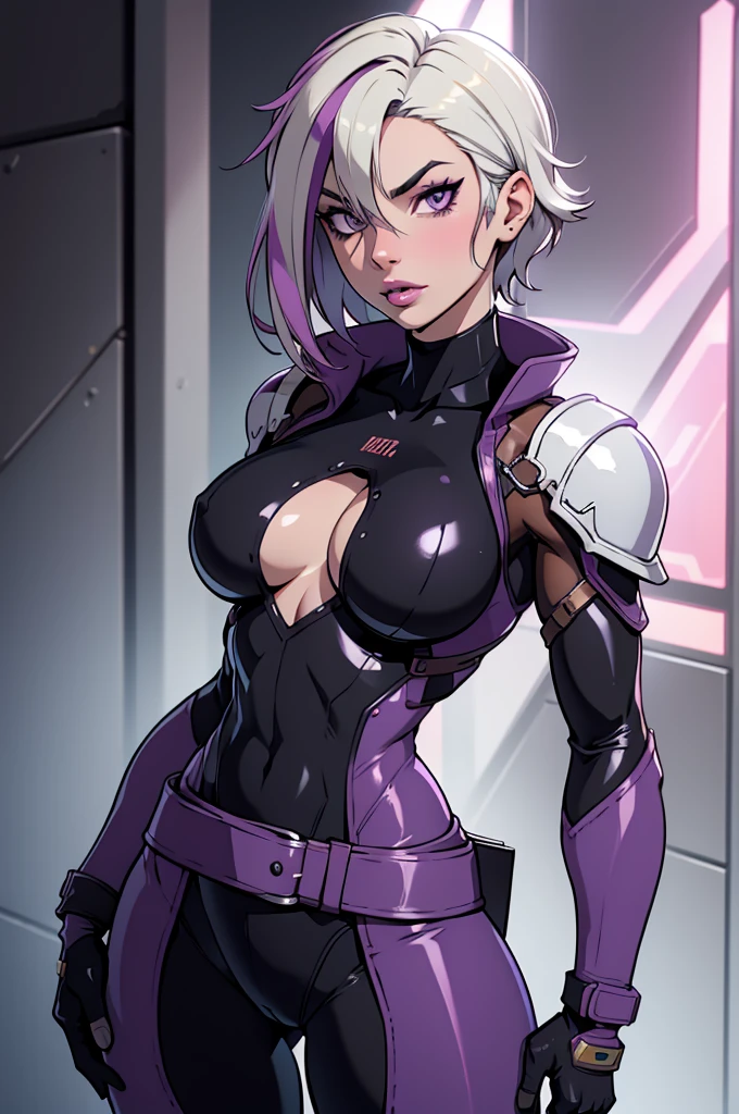 straight-on,pose,looking at viewer,solo, BREAK, CARTOON_rogue_costume_ownwaifu, www.ownwaifu.com, two-tone hair, brown hair, white hair, short hair, makeup, lipstick, hair between eyes, breasts, grey eyes, purple lips, eyeshadow, nose, medium breasts, split-color_hair, lips, pale skin, toned, narrow waist, curvy, collarbone, belt, bodysuit, armor, belt buckle, brown gloves, shoulder pads, turtleneck, yellow belt, skin tight, BREAK,, official art,extremely detailed CG unity 8k wallpaper, perfect lighting,Colorful, Bright_Front_face_Lighting,shiny skin, (masterpiece:1.0),(best_quality:1.0), ultra high res,4K,ultra-detailed, photography, 8K, HDR, highres, (absurdres:1.2), Kodak portra 400, film grain, blurry background,(vibrant_color:1.2),professional photograph,
juri han