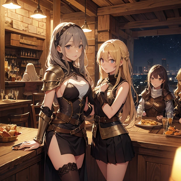 A group of  female medieval fantasy adventurers, (in tavern), various hair styles, harem, night, details face, short skirt, seducing, sleeveless, armor