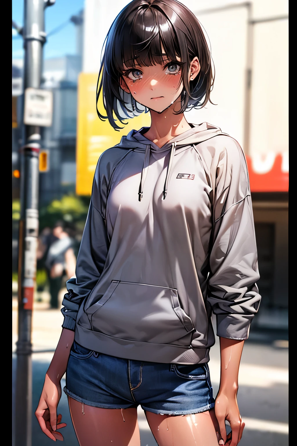 (((perfect anatomy,realistic:1.4,RAW Photography:1.4,masterpiece、highest quality、Ultra - High resolution、High resolution、Highly detailed CG、8K))),cowboy shot,1 female,solo,18 year old beauty,Japanese,((beautiful detailed face and eyes:1.3,big gorgeous eyes:1.3,gray eyes)),black hair,short bob hair,blunt bangs,tears,blush,crying,(medium breasts,slender body,small head:1.3,skinny),(gleaming skin,shiny skin,sweat:1.5),((Wet crotch、Love juice:1.7)),(black oversized hoodie sweat shirt,denim micro shorts、Bare legs),kneeling,spread legs:1.5,on street,Tokyo、