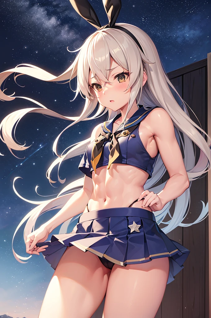 1 girl, shimakaze(kancolle), hyper detailed, perfect anatomy, best quality, extremely delicate, extremely detailed, cool, muscle, muscular abs, six pads, blue skirt, microskirt, pleated skirt, hugging a black cat, night sky, stars, milkyway, snow, outdoor,