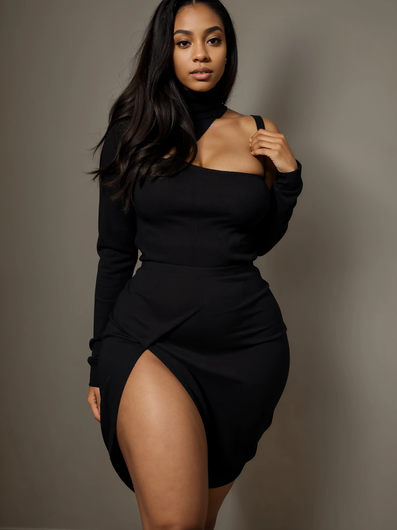 Mixed black ethnicity, curve girl , long tight dress ,long hair, feed covered, long dress