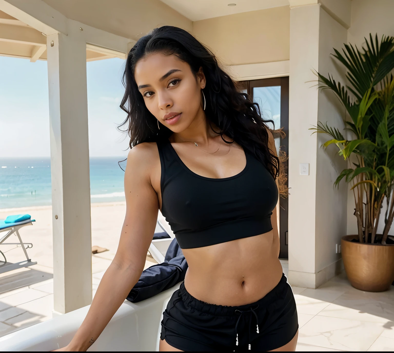 Beautiful Somalia / Dominican girl , detailed facial features, with perfect body, beautiful lips , athletic body , jaw dropping , curvy body , wearing skin tight black scrunched gym shorts , a black balenciaga shirt , very curly black hair , posing in a selfie , in side luxurious tony starks Malibu mansion , beaming sink