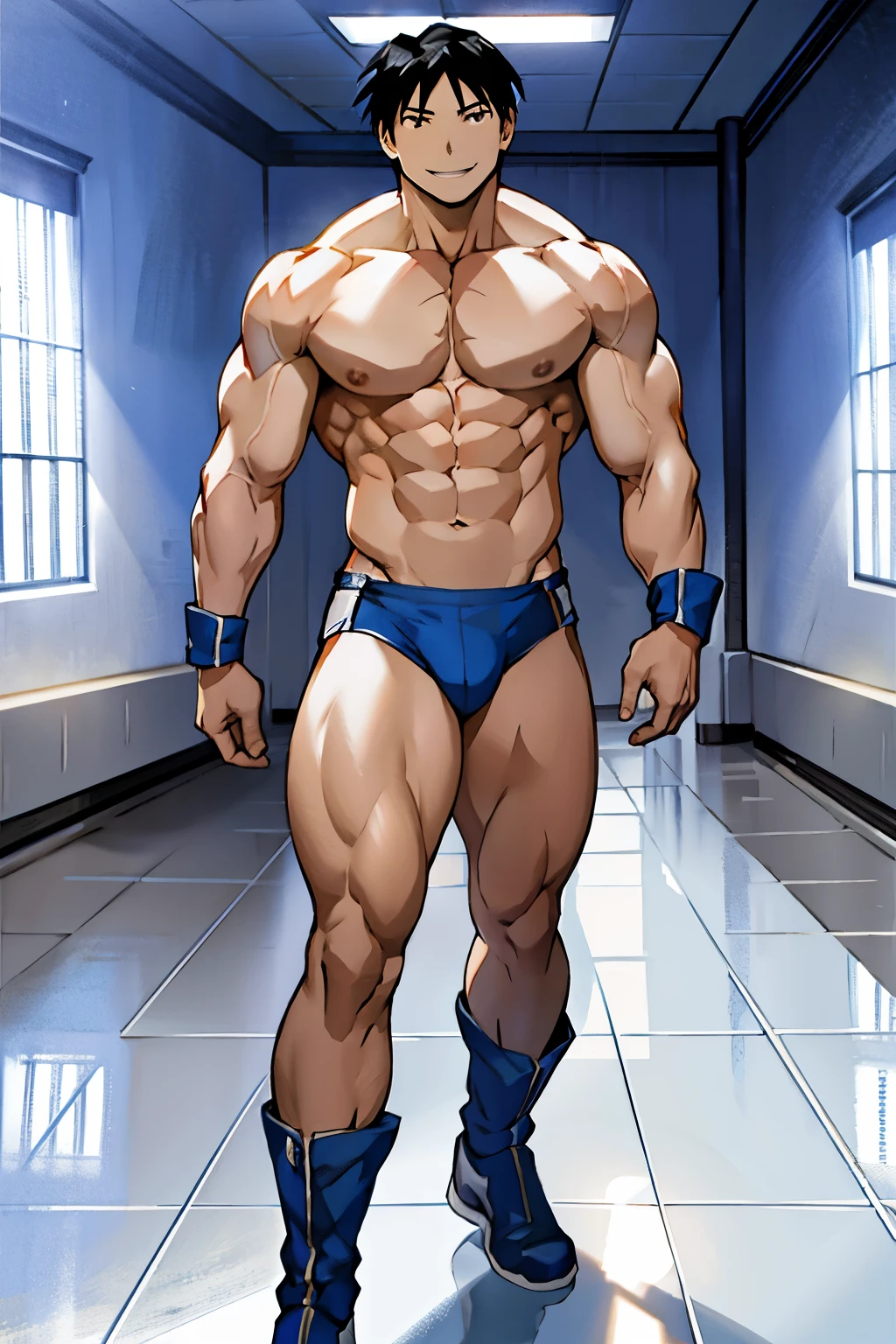 Roy Mustang from Full Metal Alchemist, wearing swimsuit, smug smile, bodybuilder, defined body, posing, shirtless, abs, big legs, white empty room