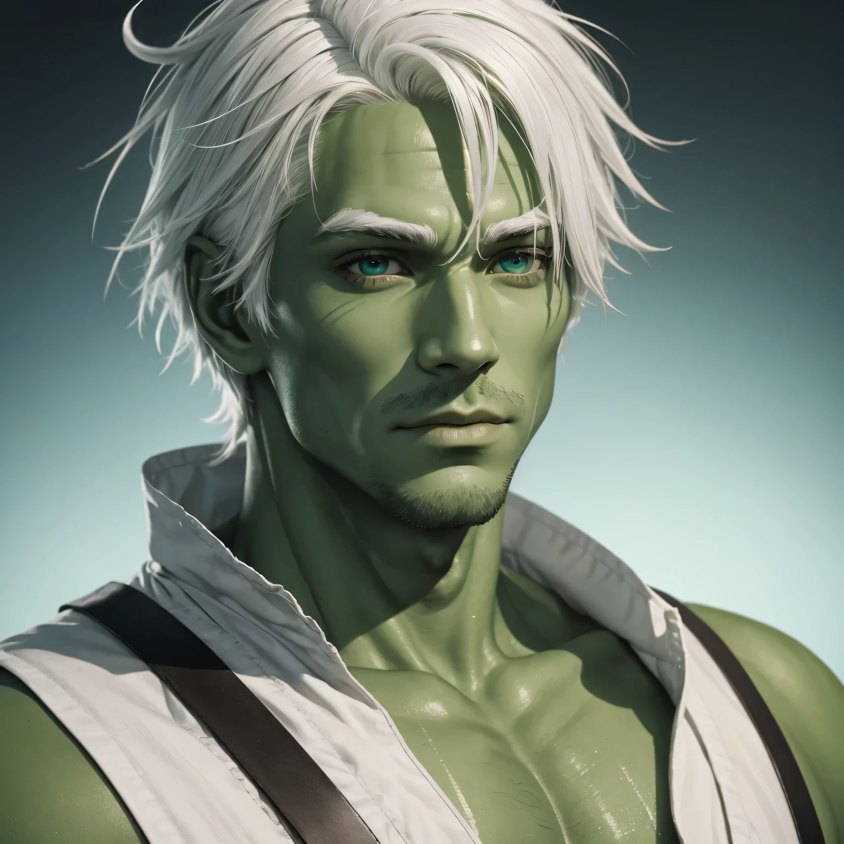 Man with Green skin, white hair. And Green eyes, 