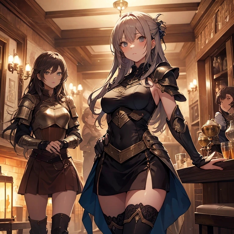 A group of female medieval fantasy adventurers, (in tavern), various hair styles, harem, night, details face, short skirt, seducing, sleeveless, armor