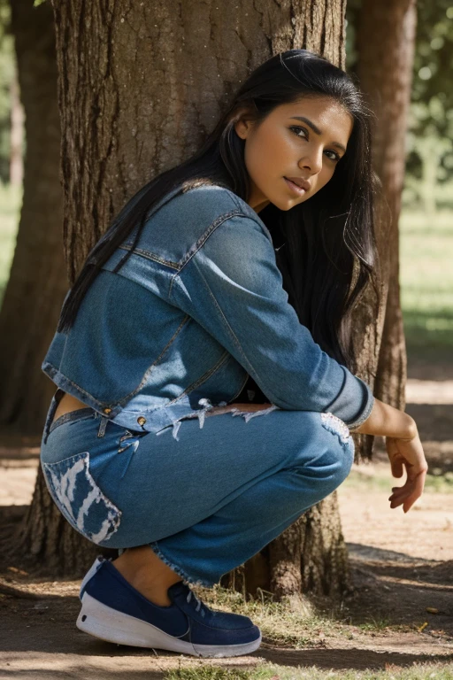 arafed woman in mono crouching against a tree, artist wearing mono, wearing dirty mono, wearing blue jean mono, wearing mono, blue mono, mono, starving artist wearing mono, como si lisa simpson cobrara vida, artist wearing torn mono, painted mono, vistiendo ropa de granja