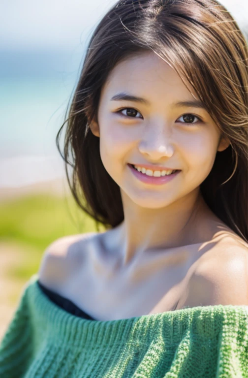 film movie still，1girl in、It stands、14years、pale-skinned、innocent smiles、(A detailed face)、(Detailed skin)、moisty，The details are complex、Shallow depth of field、[volume fog]、Movie Lighting、Reflectors、a Canon EOS R5、50mm lens、f / 2.8、shot at 8k resolution、Close-up，sea beach，sandbeach，The bird，Greenery，Off-the-shoulder attire，full bodyesbian，3rd eye