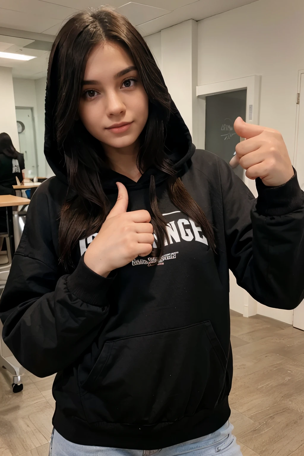 18 year old woman brunette black hair with thumbs up hooded with sweatshirt and black t-shirt