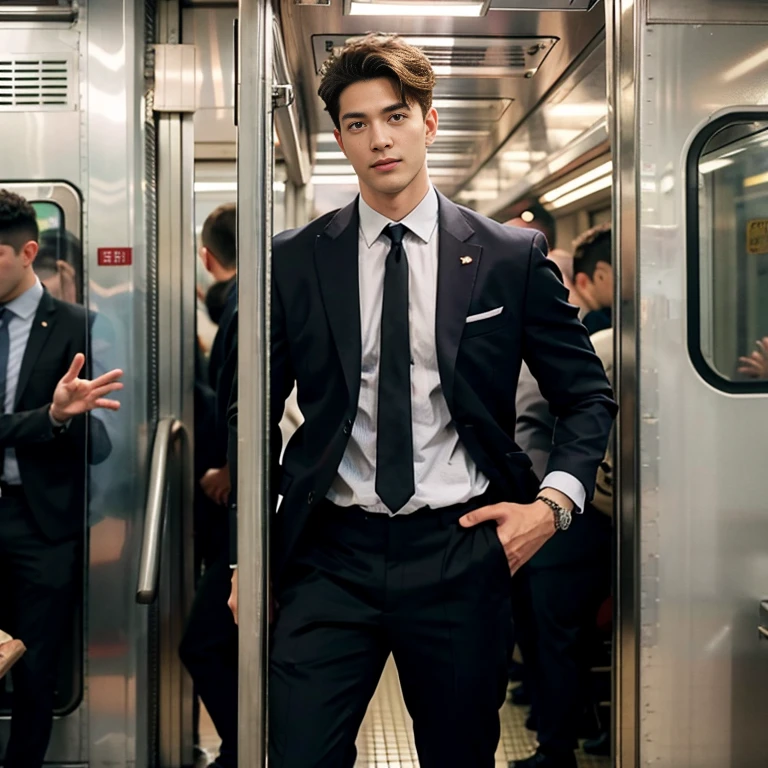 man in the subway，Standing in a subway car，Ultra-flat head，Wearing a suit，huge bulge, leg apart，musculous，Handsome， pervert smirk，exhilarated，full bodyesbian，Exposing thighs， In crowded subway cars， 16k resolution , ultra-high clarity , hyperrealism , ultra hd picture , uhd , details face , details , handsome man , high quality   , nsfw , sexy , bare thighs
