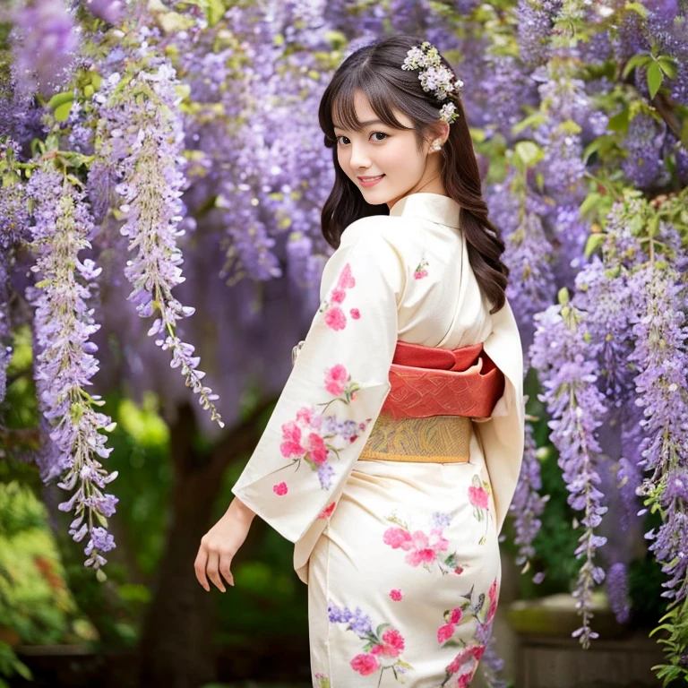 highest quality, masterpiece, Ultra-high resolution, (Realistic:1.4), RAW Photos, One girl, The most famous Japanese idols, Wearing a Japanese kimono, upturned ass that Wearing a Japanese kimono, View your viewers, An innocent smile, The cutest faces, The most beautiful big eyes, The most beautiful hair, The most beautiful skins, The most beautiful long eyelashes, the most beautiful lips, The most beautiful and big hips, Very large breasts,Wisteria blooming park, Photographed with emphasis on the buttocks
