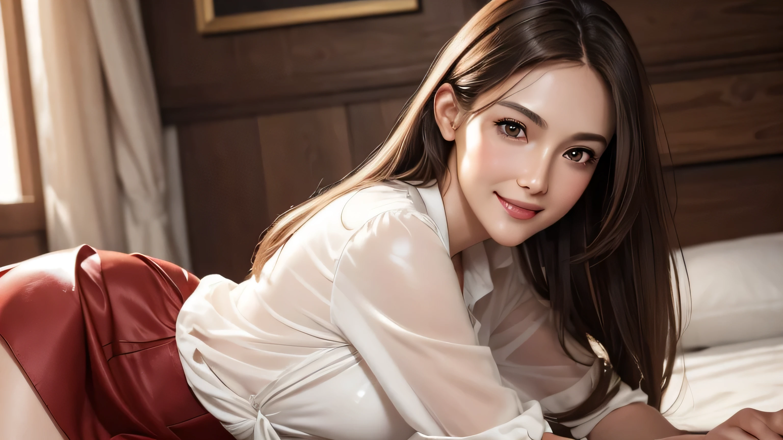 (masterpiece:1.3), high resolution, ultra detailed, extremely detailed CG unity 8k wallpaper, realistic, photo-realistic, RAW photo,beautiful detailed face, pale skin, realistic glistening skin, detailed cloth texture, detailed hair texture, Perfect body, Beautiful Face, accurate, Anatomically correct, Highly detailed face and skin texture, natural neck length, (beautiful hands), (fair skin:1.2), Thin legs, Thin feet, Detailed eyes, symmetric eyes, Light Brown eyes, Double eyelids, Thin eyebrows, (Glossy lips:1.4), ((gently smile:1.2)), (blush:1.1),A beautiful 35 year old woman wearing a very short red skirt and a thin white shirt, and、Good .