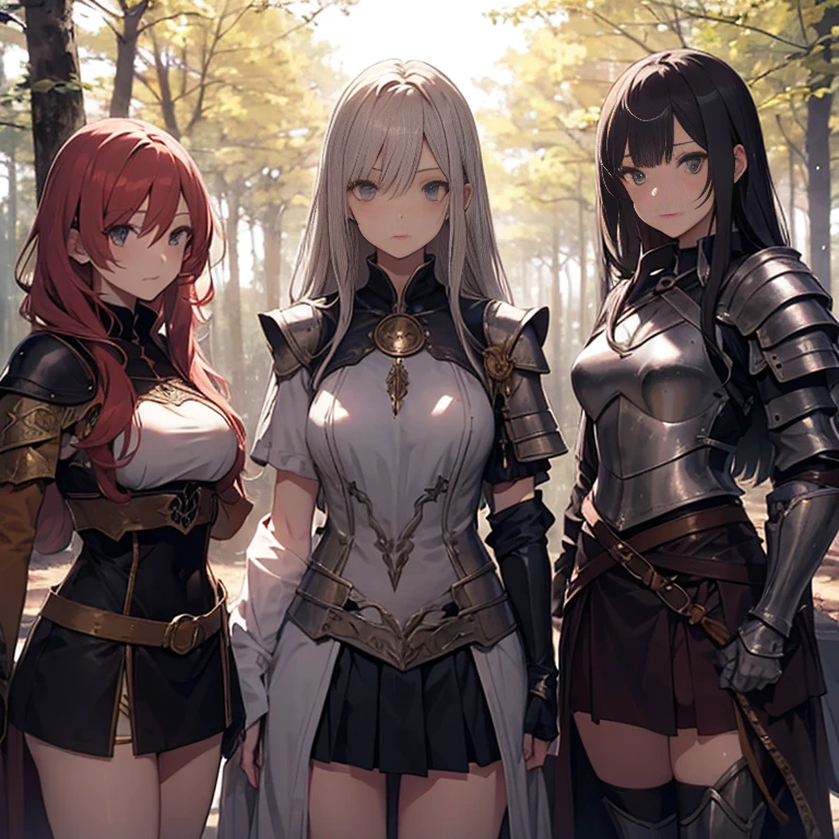 A group of  female medieval fantasy adventurers, (in forest), various hair styles, harem, night, details face, short skirt, seducing, sleeveless, armor