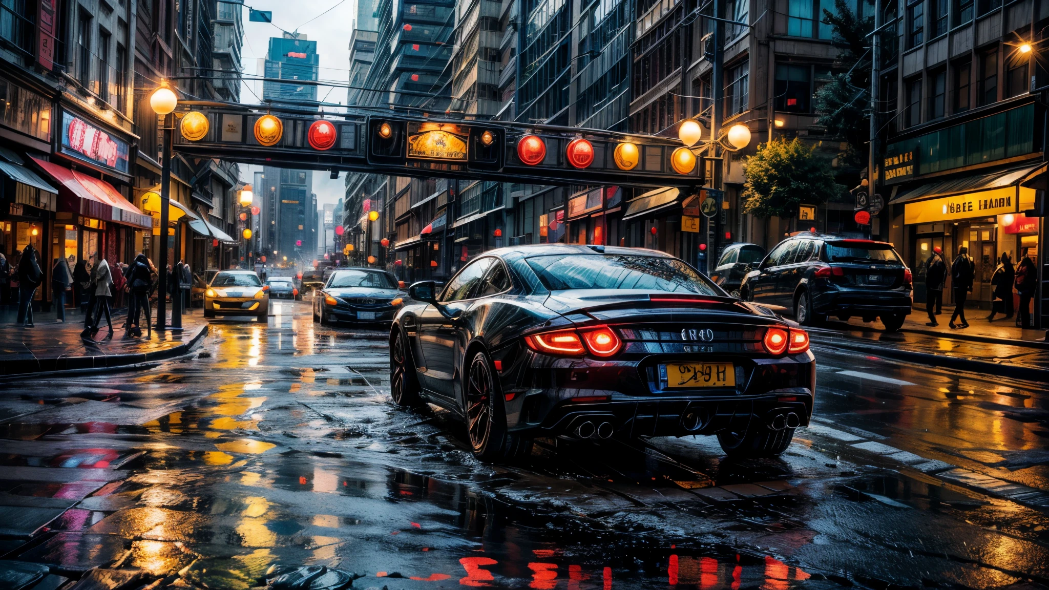 landsape, view from the side road, downpour, modern city, trafic lights, dark night, neon advertisement, wet asphalt, beautiful reflection, perfect reflections, a lot of cars, calm atmosphere, city lights, ray tracing, unreal engine, Hyperrealism, bloom, first-person view, wide shot, highres, best quality, 4K, masterpiece, retina, super detail