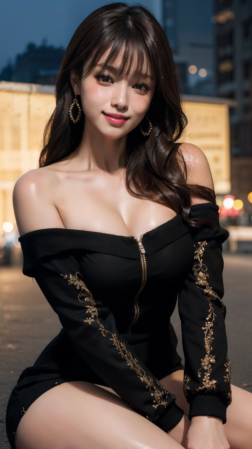 Upper body photo、Take close-up photos of your face、big breasts、Natural Lip、Fair skin、Great light、Beautiful lighting、brown hair、Blunt bangs、Detailed embroidery、Black dress、Off-the-shoulder jacket、Gorgeous Accessories、Knee-high socks、night、Outdoor Background、smile、Cute Smile