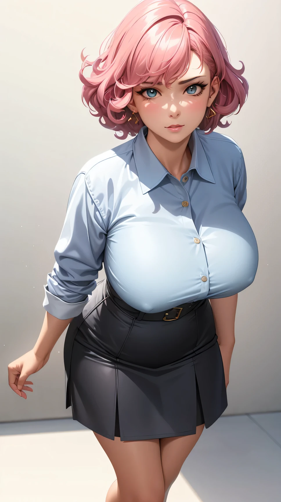 (best quality:1.5, highres, UHD, 4K, detailed lighting, shaders), (high quality eyes), ( perfect fingers), curly floral haired, gradient hair, large breasts, suit, gray shirt, social shirt, short skirt, mature woman , (pov), white background, colorful eyeshadow, dramatic lighting, sparkling eyes, sensual expression, golden earrings, delicate facial features, soft skin, high cheekbones, urban setting, white background, dont look for the camera, lean forward, behind the camera, full body