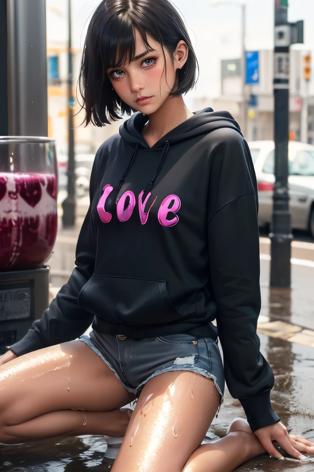 (((perfect anatomy,realistic:1.4,RAW Photography:1.4,masterpiece、highest quality、Ultra - High resolution、High resolution、Highly detailed CG、8K))),cowboy shot,1 female,solo,18 year old beauty,Japanese,((beautiful detailed face and eyes:1.3,big gorgeous eyes:1.3,gray eyes)),black hair,short bob hair,blunt bangs,tears,blush,crying,(medium breasts,slender body,small head:1.3,skinny),(gleaming skin,shiny skin,sweat:1.4),(Wet crotch)、((Love juice:1.7)),(oversized hoodie black sweat shirt,Long sleeve)、(denim micro shorts、Bare legs),kneeling,spread legs:1.5,on street,Tokyo、