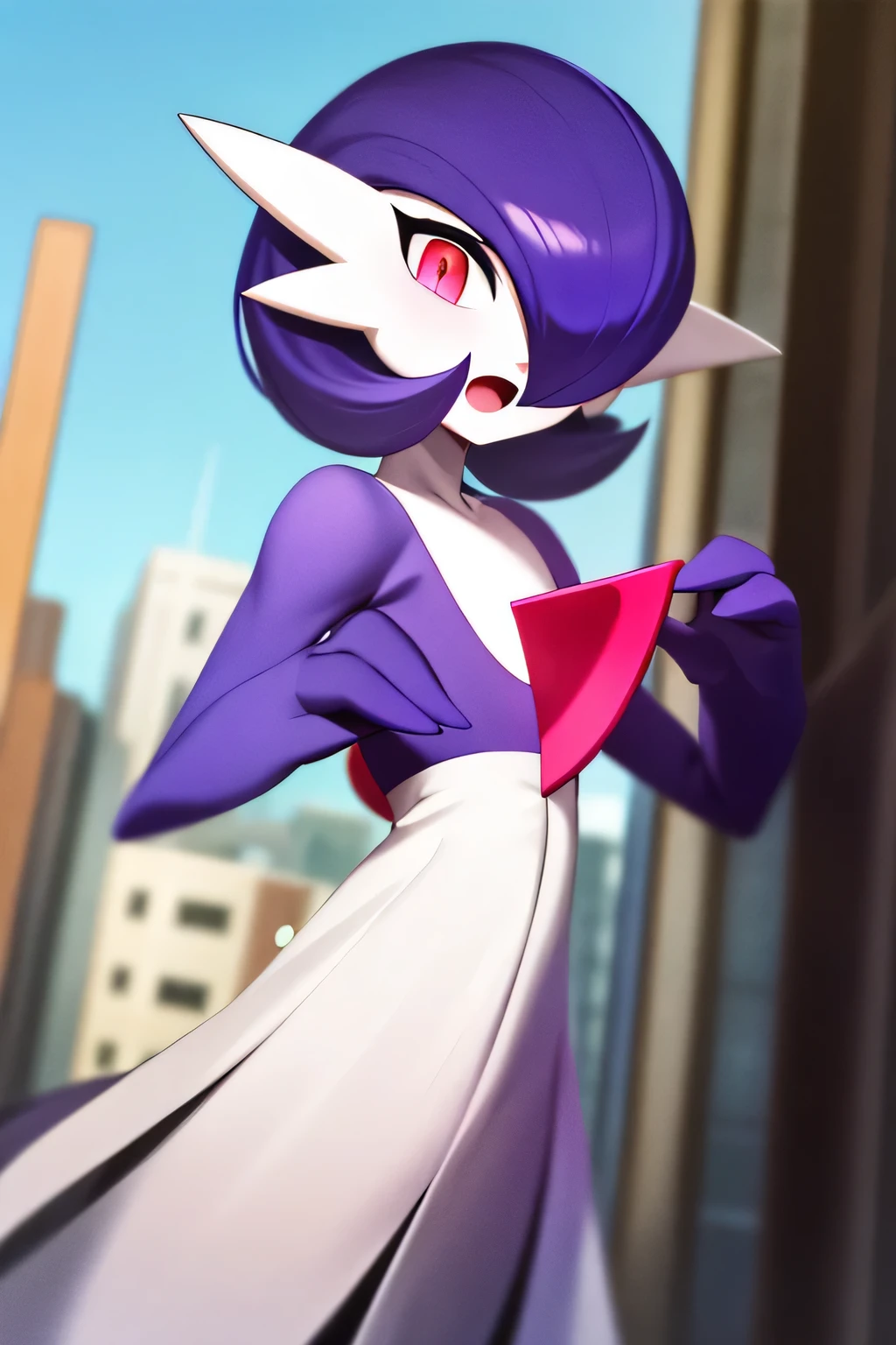 Masterpiece, best quality, 1 girl, solo, gardevoir, white dress, creatures \(company\), freak game, Nintendo, pokemon, pokemon \(game\), punches, colored skin, female focus, flat chest, Pokémon generation 3, dark purple hair, faded hair, dark purple skin, hair over one eye, multi-colored skin, pokemon \(creature\), red eyes, black pupil, short hair, two-tone skin, white skin, vial cone in head, city backgrounds, standing smile, open mouth