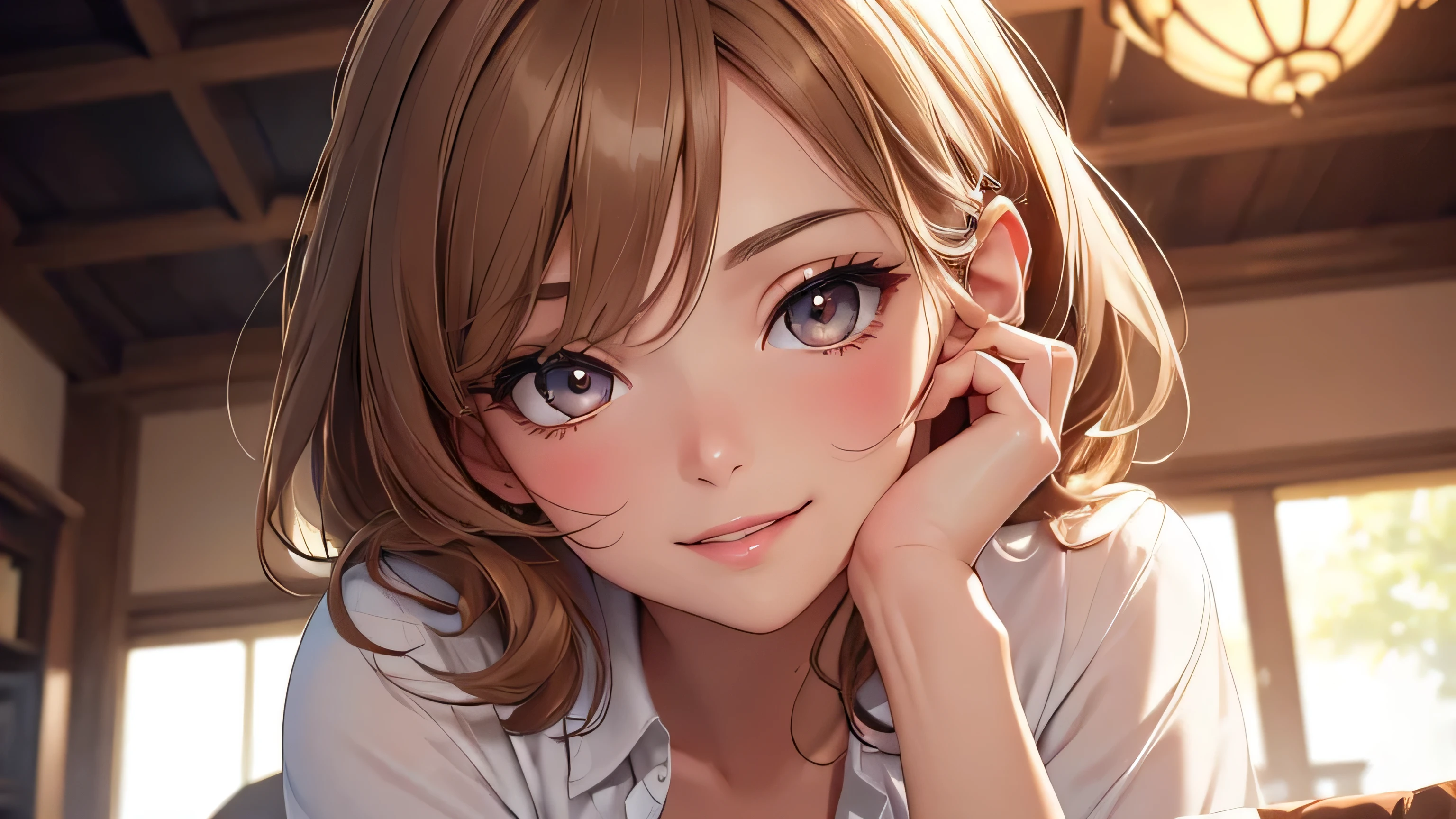 (masterpiece:1.3), high resolution, ultra detailed, extremely detailed CG unity 8k wallpaper, realistic, photo-realistic, RAW photo,beautiful detailed face, pale skin, realistic glistening skin, detailed cloth texture, detailed hair texture, Perfect body, Beautiful Face, accurate, Anatomically correct, Highly detailed face and skin texture, natural neck length, (beautiful hands), (fair skin:1.2), Thin legs, Thin feet, Detailed eyes, symmetric eyes, Light Brown eyes, Double eyelids, Thin eyebrows, (Glossy lips:1.4), ((gently smile:1.2)), (blush:1.1),A beautiful 35 year old woman wearing a very short red skirt and a thin white shirt, and、Good .