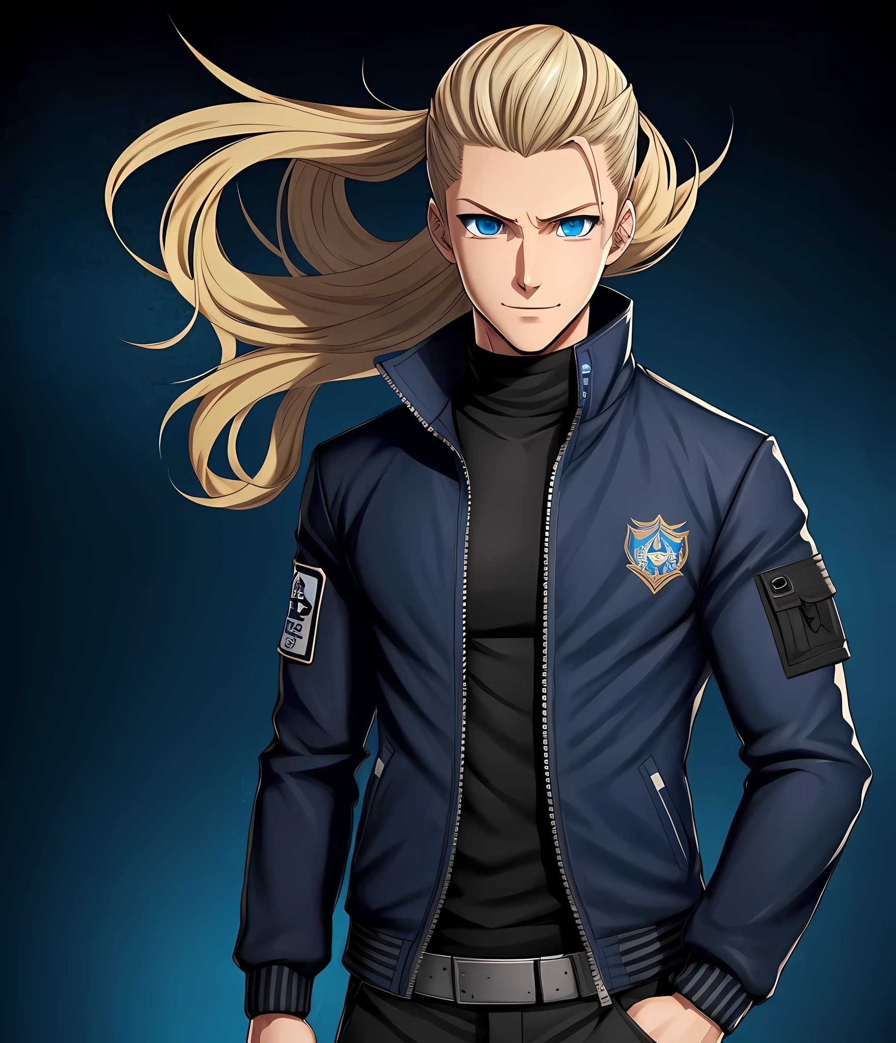 Tall, tannish, male, lean and muscular, attractive, wearing blue and black jacket with black military pants and black and blue high tops, blond hair with blue tips put in manbun, crystal blue eyes, alone in a dark room with charming smile, Danganronpa style.
