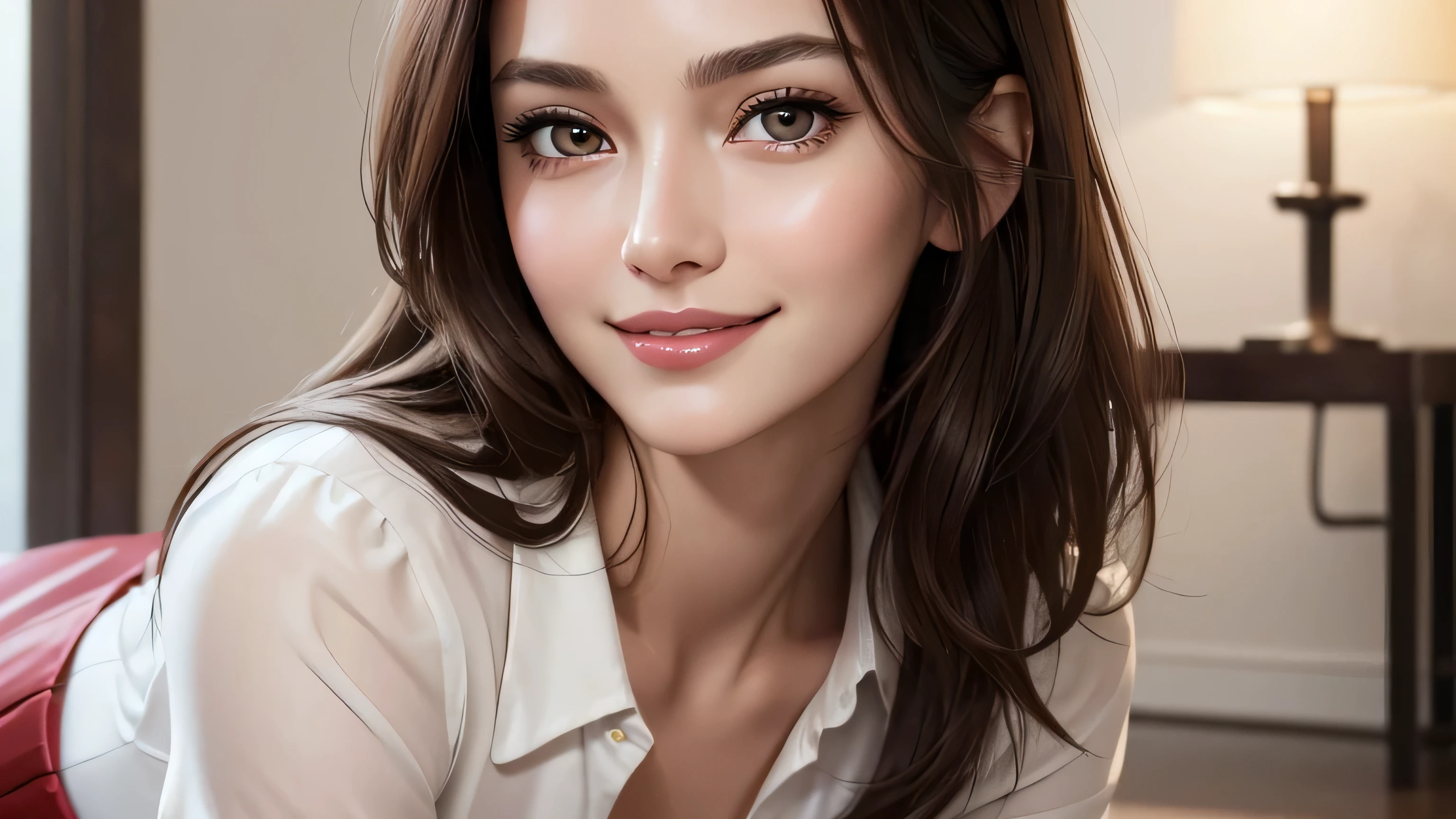 (masterpiece:1.3), high resolution, ultra detailed, extremely detailed CG unity 8k wallpaper, realistic, photo-realistic, RAW photo,beautiful detailed face, pale skin, realistic glistening skin, detailed cloth texture, detailed hair texture, Perfect body, Beautiful Face, accurate, Anatomically correct, Highly detailed face and skin texture, natural neck length, (beautiful hands), (fair skin:1.2), Thin legs, Thin feet, Detailed eyes, symmetric eyes, Light Brown eyes, Double eyelids, Thin eyebrows, (Glossy lips:1.4), ((gently smile:1.2)), (blush:1.1),A beautiful 35 year old woman wearing a very short red skirt and a thin white shirt, and、Good .