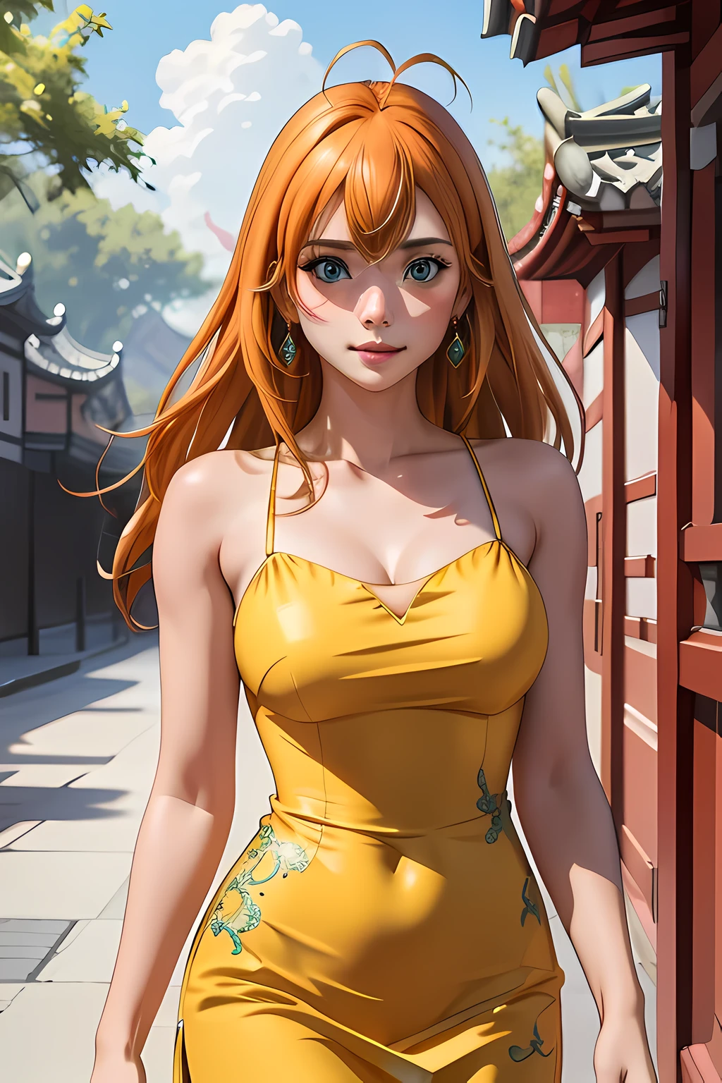 1girl, (masterpiece:1.3), (high resolution), (8K), (extremely detailed), (4k), (pixiv), perfect face, nice eyes and face, (best quality), (super detailed), detailed face and eyes, (solo), textured skin, absurdres, highres, wzhakufu, long hair, magatama earrings, large breasts, two antenna hair, orange hair, aqua eyes, china dress, outdoors, sexy dress, yellow dress,
