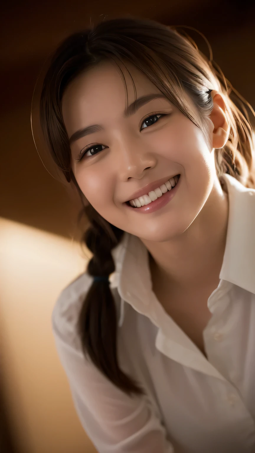 (highest quality,masterpiece:1.3,Ultra-high resolution),(Very detailed,Caustics,8k),(Realistic:1.4,RAW shooting),1 girl,(smile and look down at the camera),(Front shot:1.1),(look forward to),18-year-old,cute,Japanese,Black short ponytail,,glamorous,(big ),( close),street,sunlight,Natural light,sunlight,Professional Writing,(Cowboy Shot),(Low position:1.3),(Low Angle:1.3)