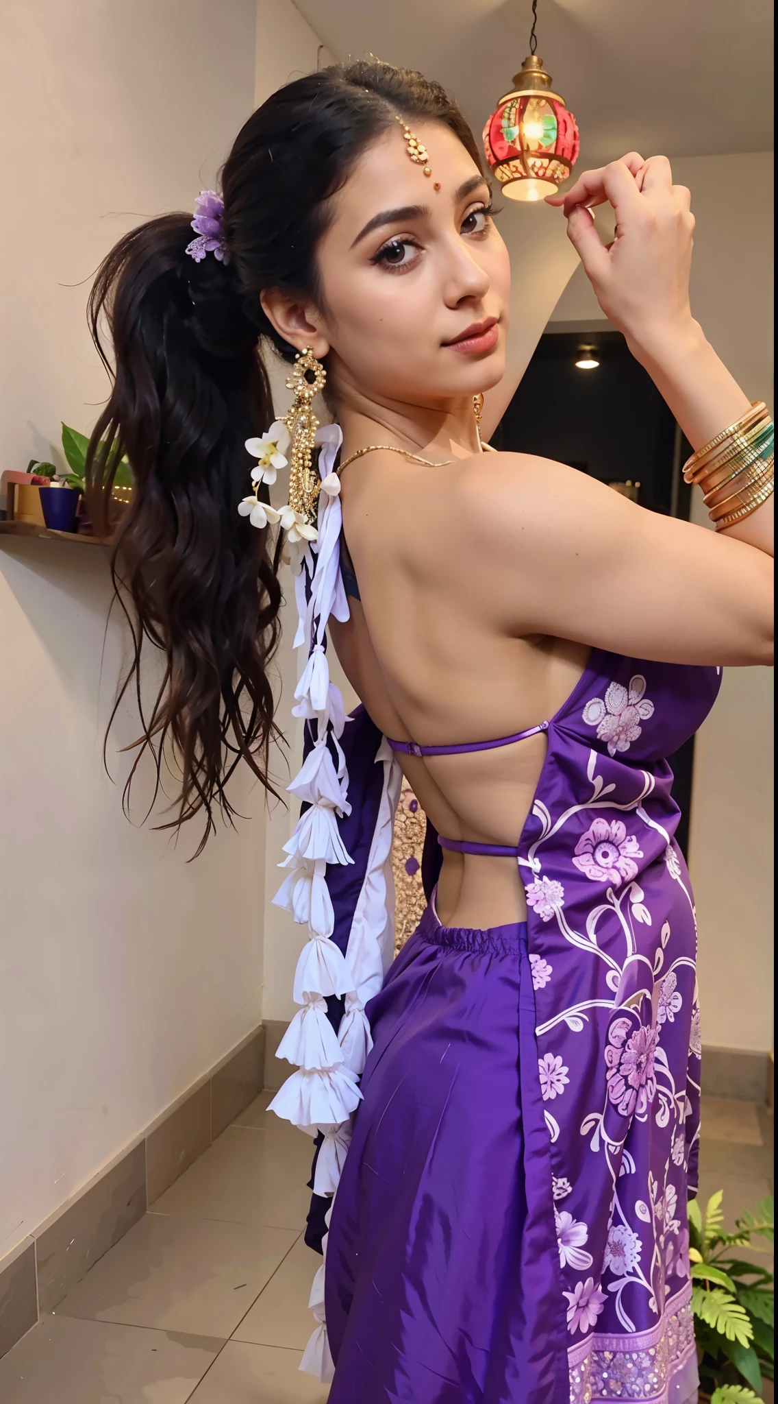 araffe woman in a purple dress holding a colorful object in her hand, showing her shoulder from back, she is dressed as a belly dancer, garbed in a purple gown, intricate outfit, wearing an elegant tribal outfit, indian style, wearing dress, very beautiful enga style, backview, tiktok video, revealing clothes, photo still of behind view, traditional beauty