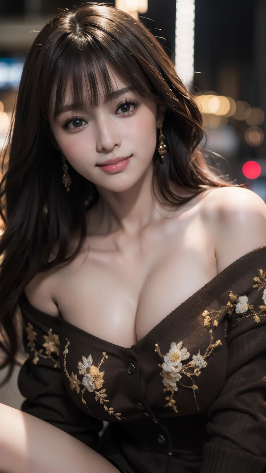 Upper body photo、Take close-up photos of your face、big breasts、Natural Lip、Fair skin、Great light、Beautiful lighting、brown hair、Blunt bangs、Detailed embroidery、Black dress、Off-the-shoulder jacket、Gorgeous Accessories、Knee-high socks、night、Outdoor Background、smile、Cute Smile