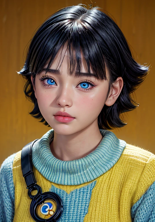 best,1girl ( Uzumaki Himawari ) , ( facial details ) , short hair ,details , age 18 femele ,plump body , yellow sweater outfit , teenager'face , cute face , hot , anime to be realistic , detailed charakter images , high quality photo , beautiful thin make up very real , perffect character cool style , pretty teenager , HD photo model , simple background , details eyes , masterpiece , ornaments detailed , real life ,Best anime realistic ,1girl ,masterpiece ,from of a woman with long black hair and a , yellow sweater shirt, she has a distant expression, semi realistic anime, in an anime style, semirealistic anime style, she has black hair, in anime style, (blue eyes:1.3), blunt bangs ,quality detail ,perffect charakter real live , high detailed photos real ,anime from realistic ,photrait realism , super detail ,cute eyes , detail hair ,ultra high quality ,Hd resulition ,